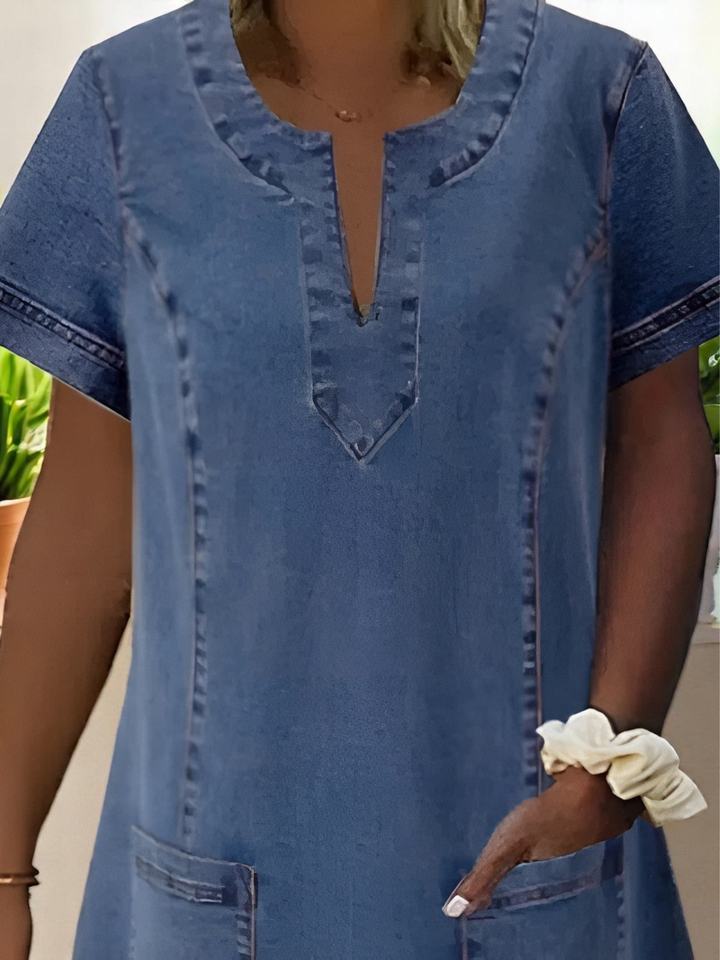 Joelle | Women's Blue Denim Notch Neck Short Sleeve Patch Pocket Mini Dress Carol & Margaret Wilmington
