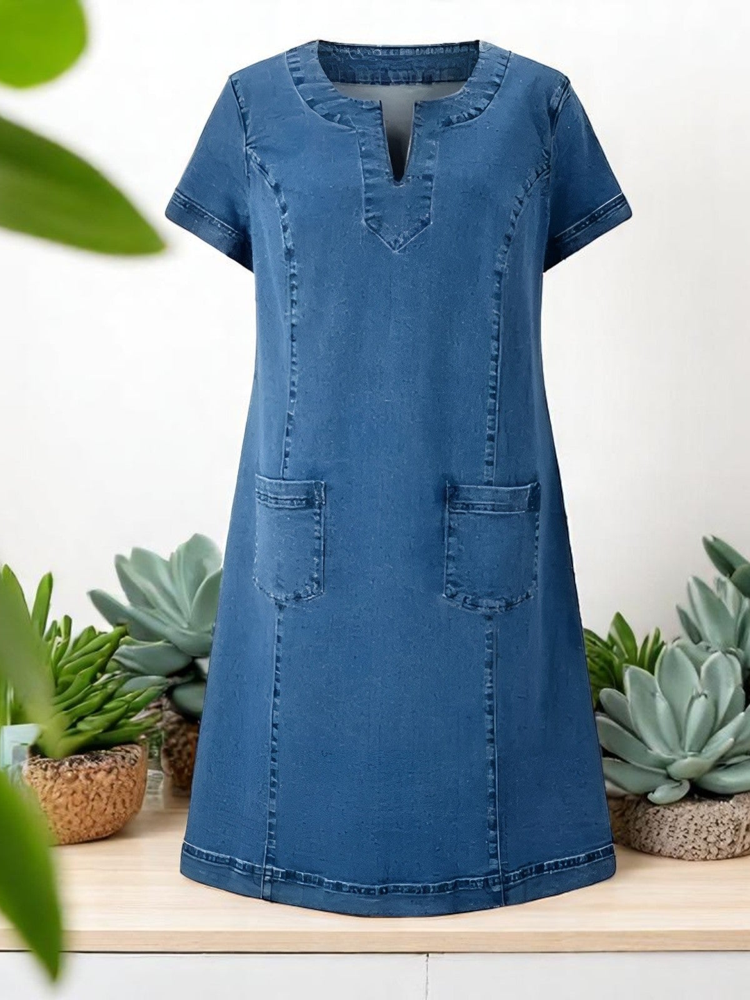 Joelle | Women's Blue Denim Notch Neck Short Sleeve Patch Pocket Mini Dress Carol & Margaret Wilmington