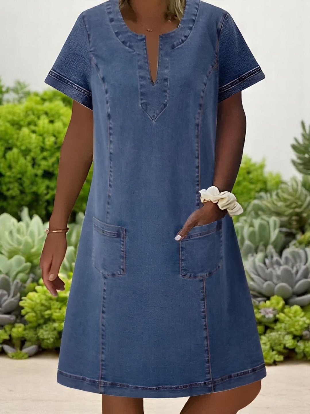 Joelle | Women's Blue Denim Notch Neck Short Sleeve Patch Pocket Mini Dress Carol & Margaret Wilmington