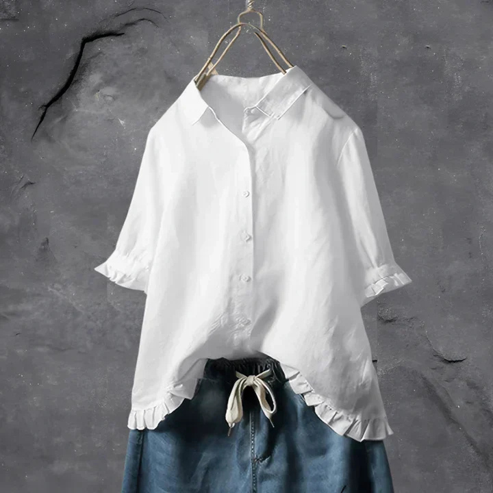 Jolene | Women's Linen Ruffle-Trim Button-Down Shirt Carol & Margaret Wilmington