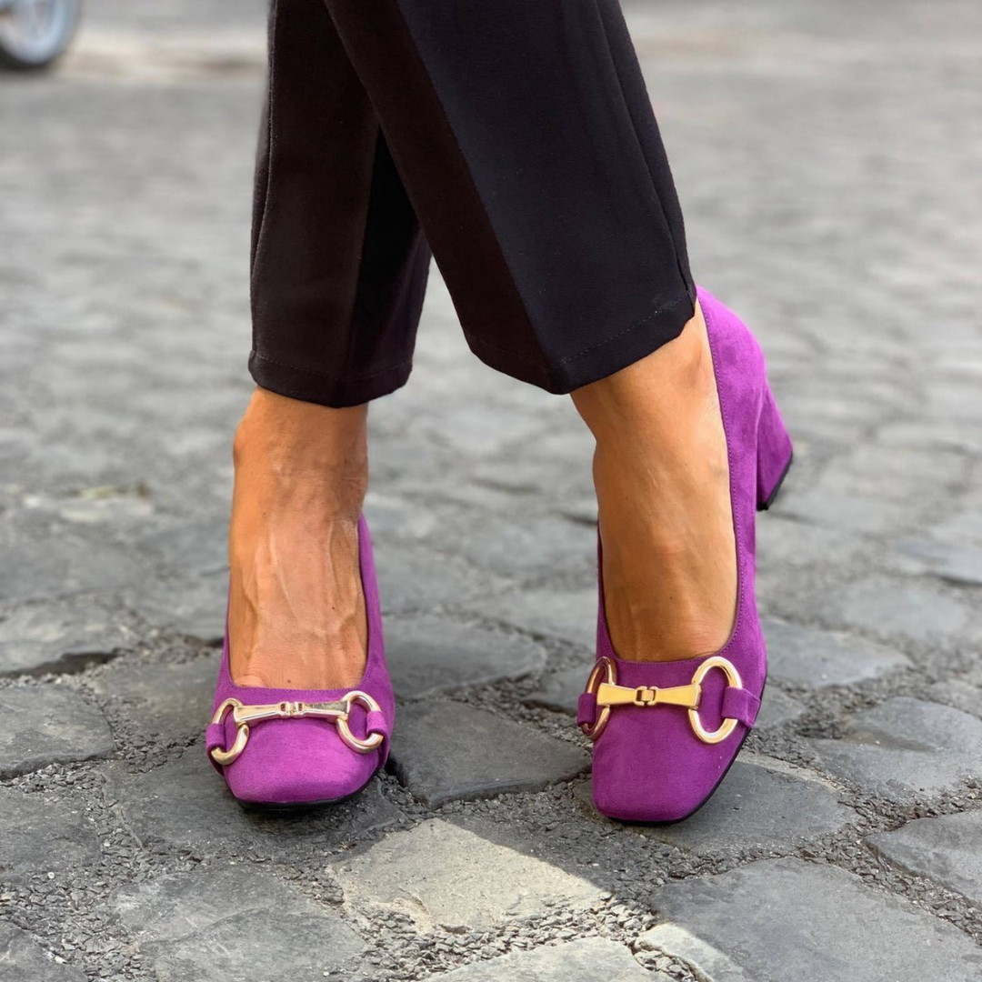 Jolene | Women's Suede Square Toe Horsebit Block Heel Pumps Carol & Margaret Wilmington