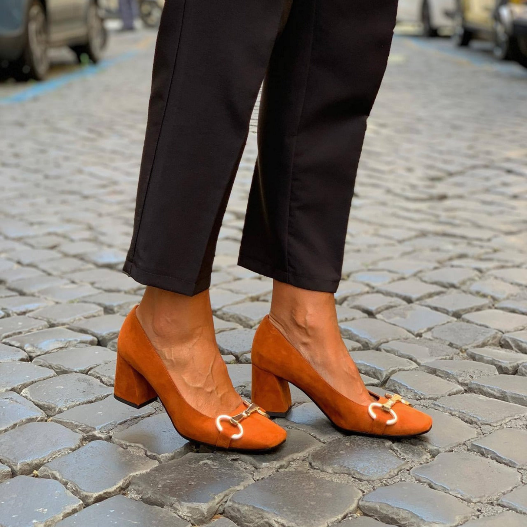 Jolene | Women's Suede Square Toe Horsebit Block Heel Pumps Carol & Margaret Wilmington