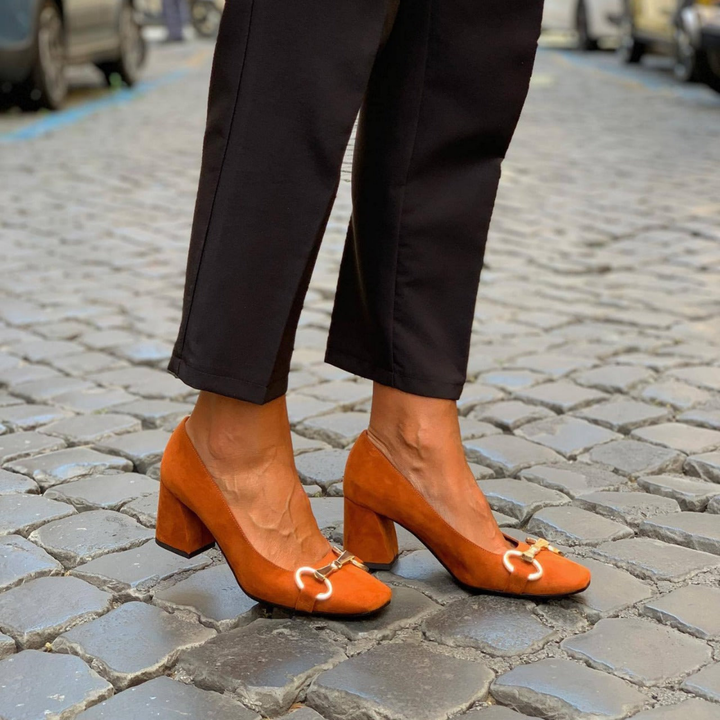 Jolene | Women's Suede Square Toe Horsebit Block Heel Pumps Carol & Margaret Wilmington