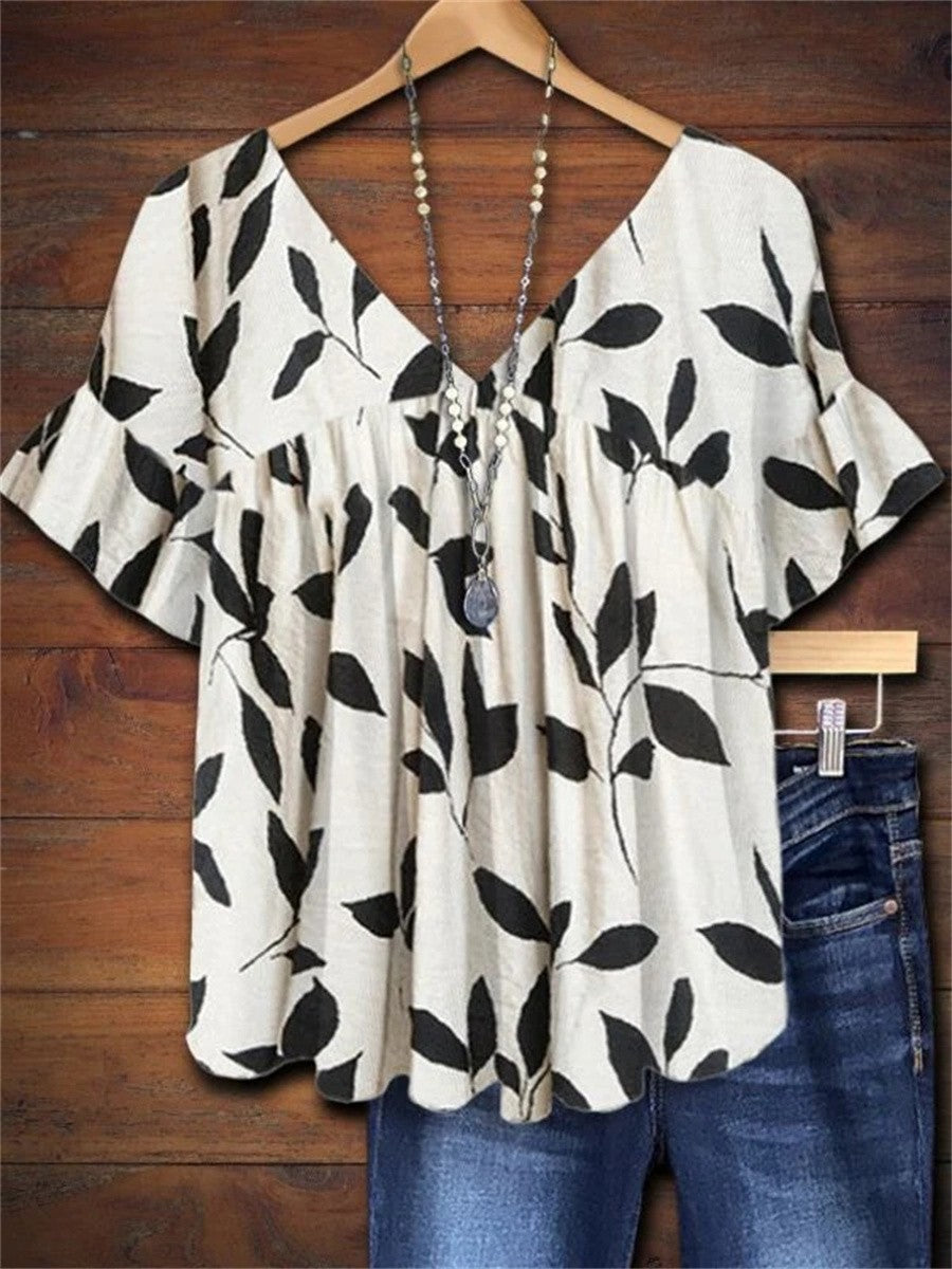 Jolene | Women's White Cotton Leaf Print V-Neck Flutter Sleeve Blouse Carol & Margaret Wilmington