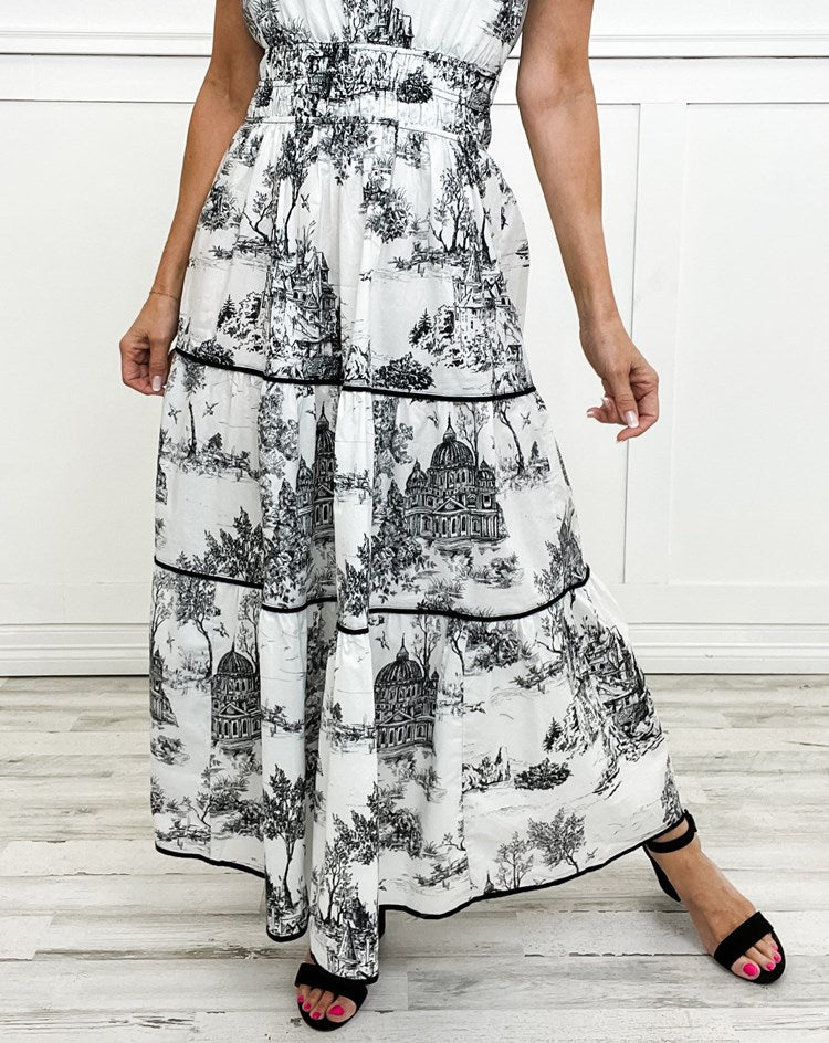 Jolie | Women's Cotton Toile Print Elasticated Waist Maxi Dress Carol & Margaret Wilmington