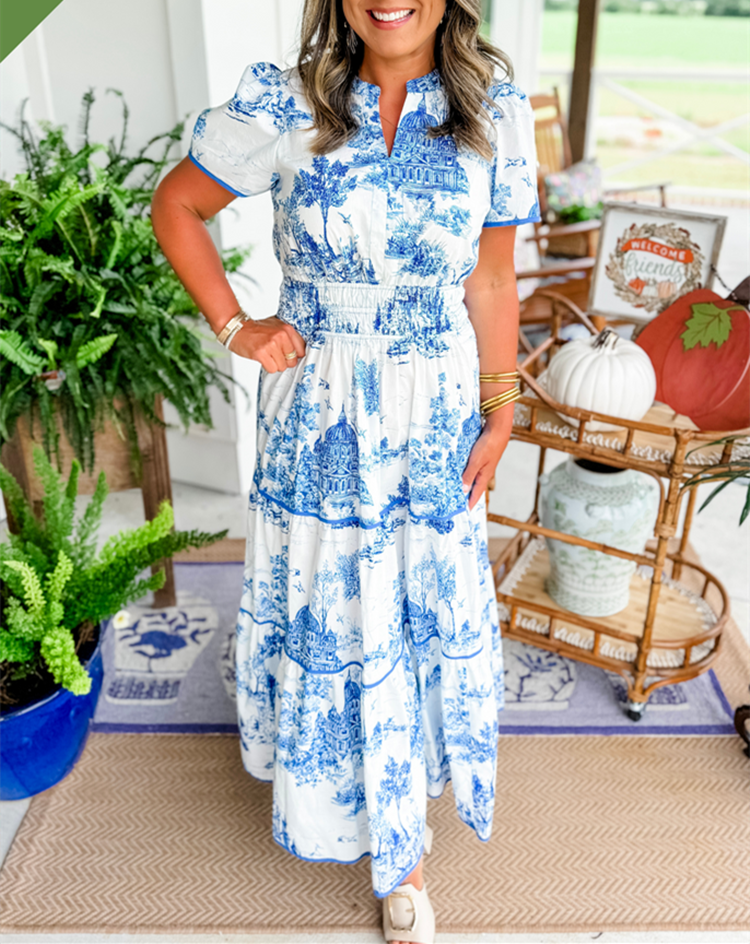 Jolie | Women's Cotton Toile Print Elasticated Waist Maxi Dress Carol & Margaret Wilmington
