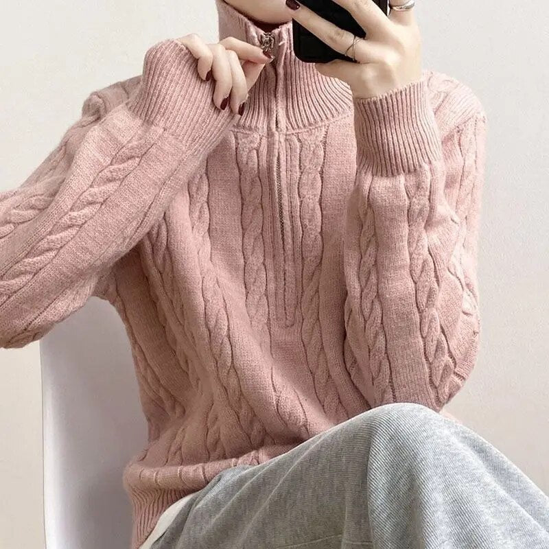 Marigold | Women's Cable-Knit Zip-Front Funnel-Neck Cropped Sweater