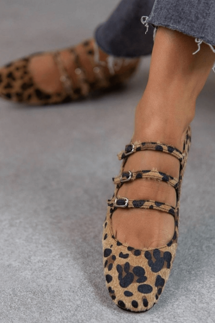 Lena | Women's Brown Suede Leopard Print Triple Buckle Strap Ballet Flats Carol & Margaret Wilmington