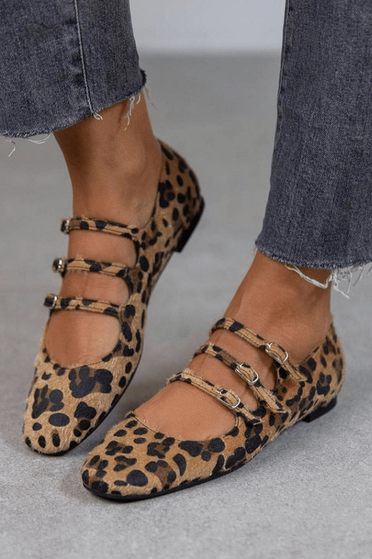 Lena | Women's Brown Suede Leopard Print Triple Buckle Strap Ballet Flats Carol & Margaret Wilmington