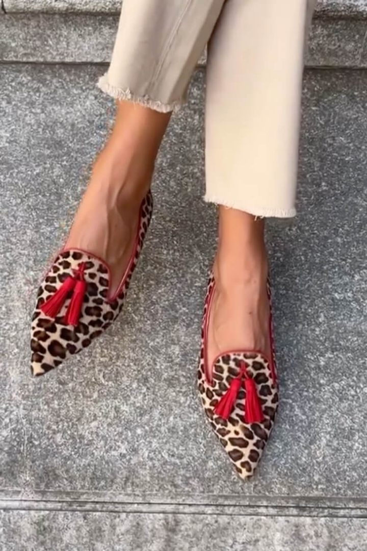 Lena | Women's Khaki Suede Leopard Print Tassel Pointed-Toe Flats Carol & Margaret Wilmington