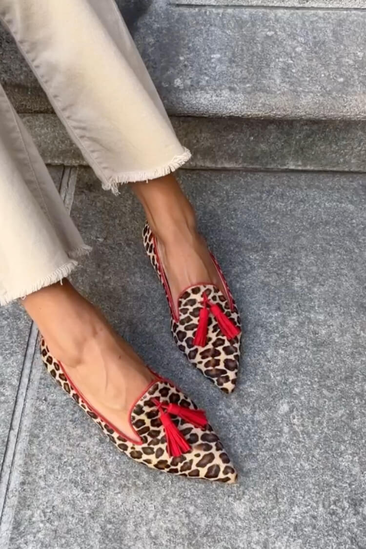 Lena | Women's Khaki Suede Leopard Print Tassel Pointed-Toe Flats Carol & Margaret Wilmington