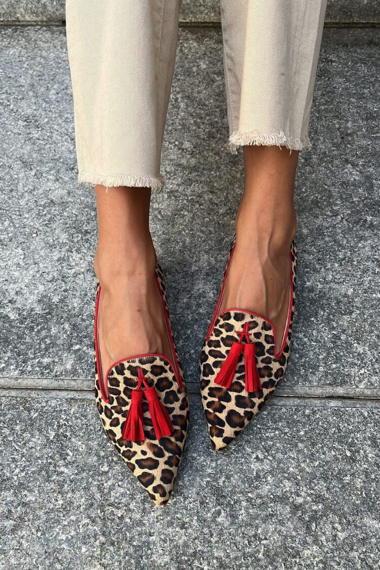 Lena | Women's Khaki Suede Leopard Print Tassel Pointed-Toe Flats Carol & Margaret Wilmington