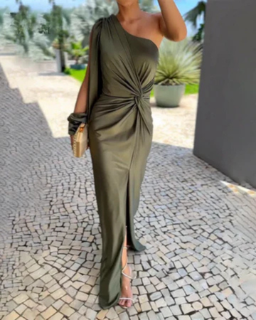 Leonora | Women's Green Satin One-Shoulder Twist-Waist Side-Slit Maxi Dress Carol & Margaret Wilmington
