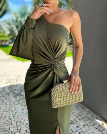 Leonora | Women's Green Satin One-Shoulder Twist-Waist Side-Slit Maxi Dress Carol & Margaret Wilmington