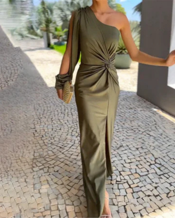 Leonora | Women's Green Satin One-Shoulder Twist-Waist Side-Slit Maxi Dress Carol & Margaret Wilmington