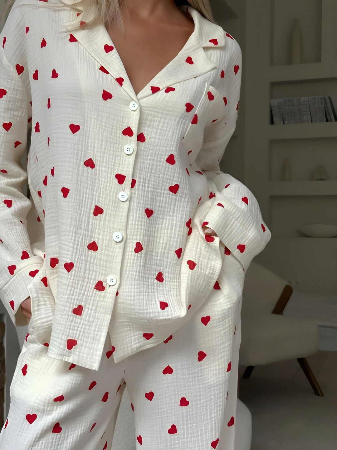 Charleigh | Womens Printed Pajama Set With Button Front Shirt and Wide Leg Trousers
