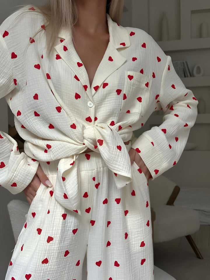 Charleigh | Womens Printed Pajama Set With Button Front Shirt and Wide Leg Trousers
