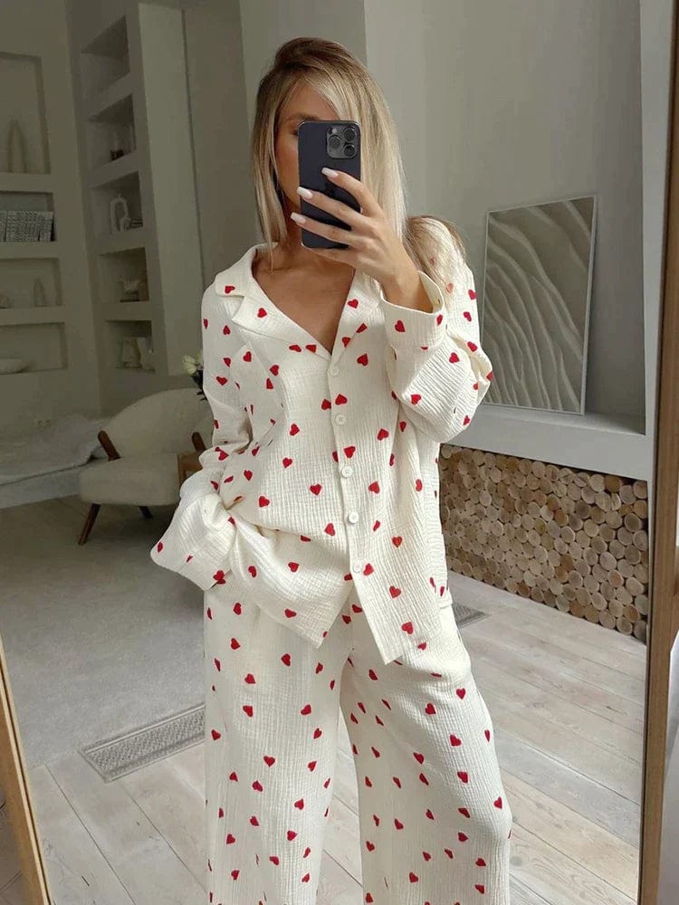 Charleigh | Womens Printed Pajama Set With Button Front Shirt and Wide Leg Trousers