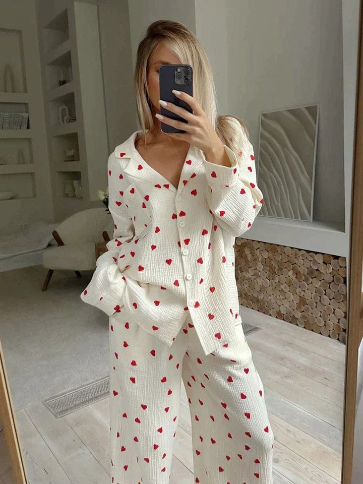 Charleigh | Womens Printed Pajama Set With Button Front Shirt and Wide Leg Trousers