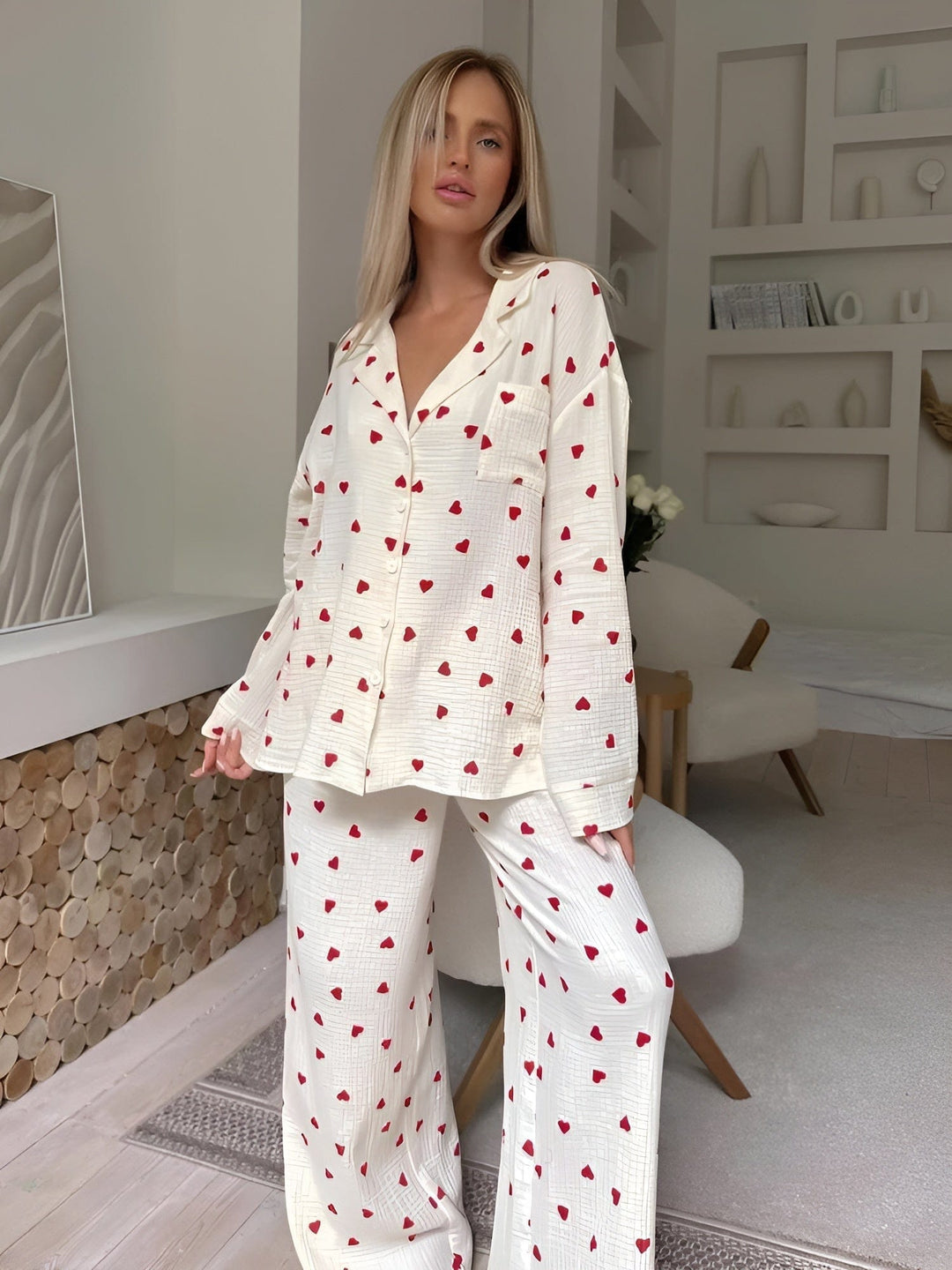 Charleigh | Womens Printed Pajama Set With Button Front Shirt and Wide Leg Trousers
