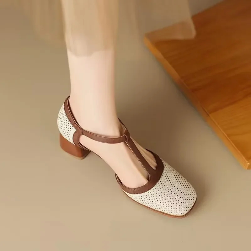 Maren | Women's Leather Two-Tone T-Strap Block Heel Mary Jane Pumps Carol & Margaret Wilmington
