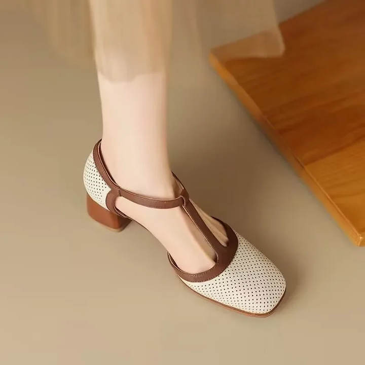 Maren | Women's Leather Two-Tone T-Strap Block Heel Mary Jane Pumps Carol & Margaret Wilmington