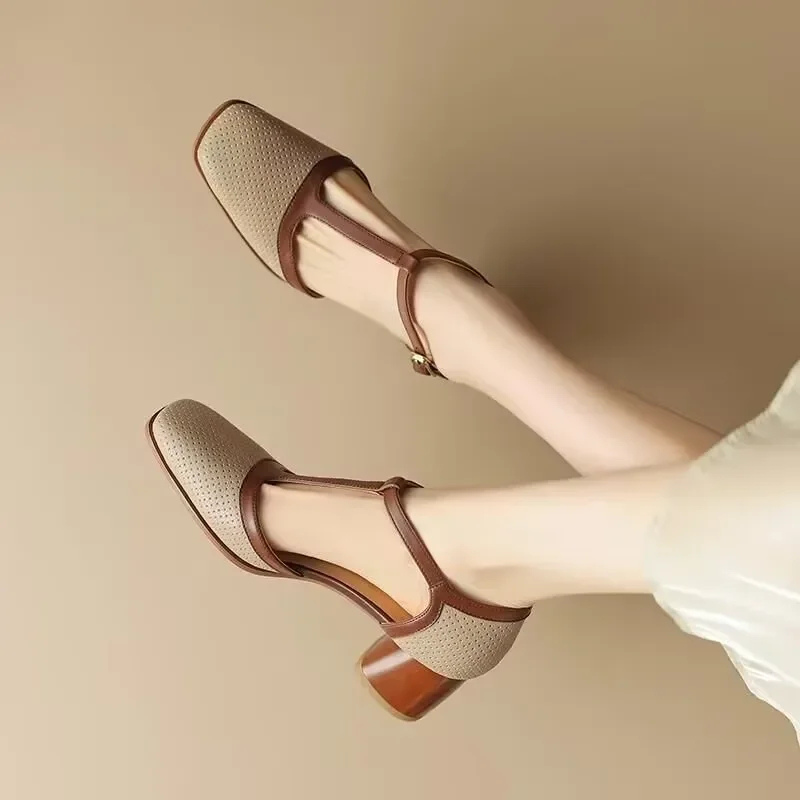 Maren | Women's Leather Two-Tone T-Strap Block Heel Mary Jane Pumps Carol & Margaret Wilmington