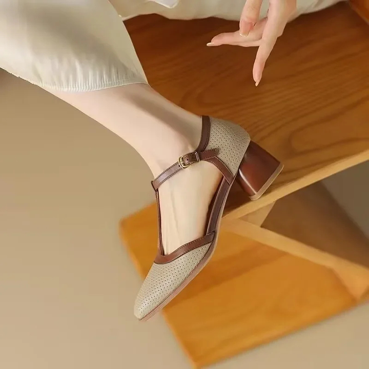 Maren | Women's Leather Two-Tone T-Strap Block Heel Mary Jane Pumps Carol & Margaret Wilmington