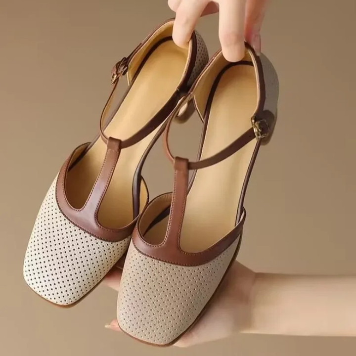 Maren | Women's Leather Two-Tone T-Strap Block Heel Mary Jane Pumps Carol & Margaret Wilmington