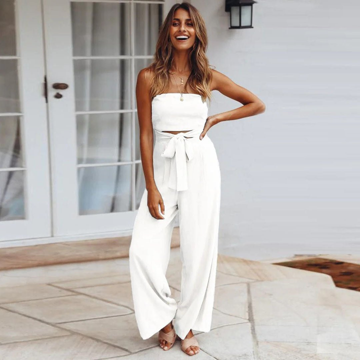 Maren | Women's Linen Strapless Tie-Front Wide-Leg Jumpsuit Carol & Margaret Wilmington