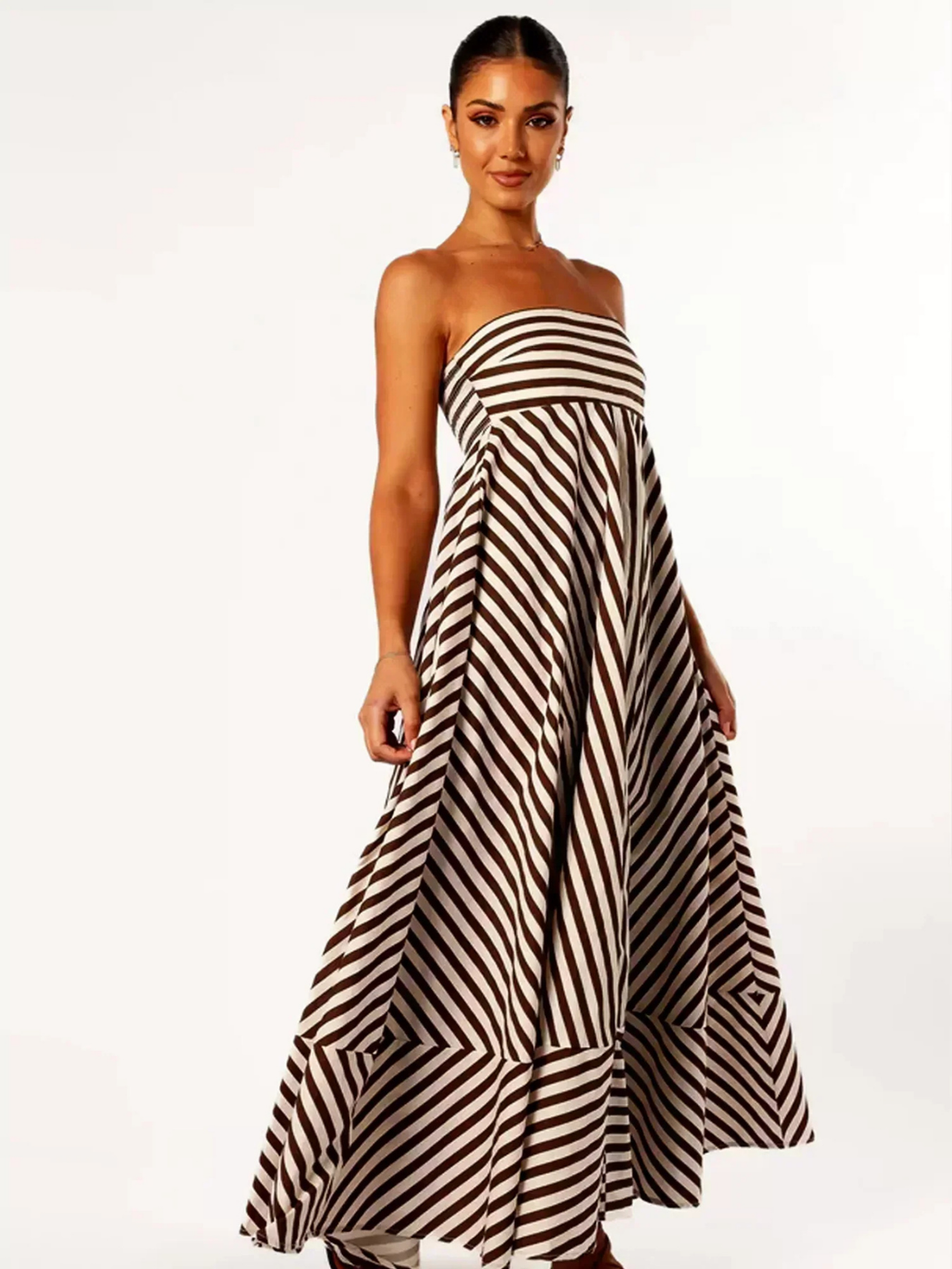 Margaux | Women's Brown Cotton Striped Strapless Full-Skirt Maxi Dress Carol & Margaret Wilmington