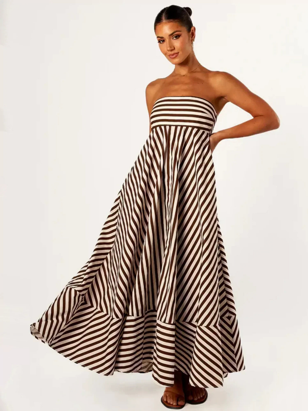 Margaux | Women's Brown Cotton Striped Strapless Full-Skirt Maxi Dress Carol & Margaret Wilmington