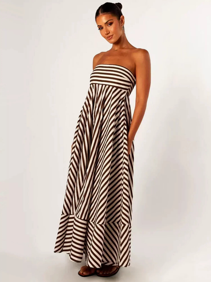 Margaux | Women's Brown Cotton Striped Strapless Full-Skirt Maxi Dress Carol & Margaret Wilmington