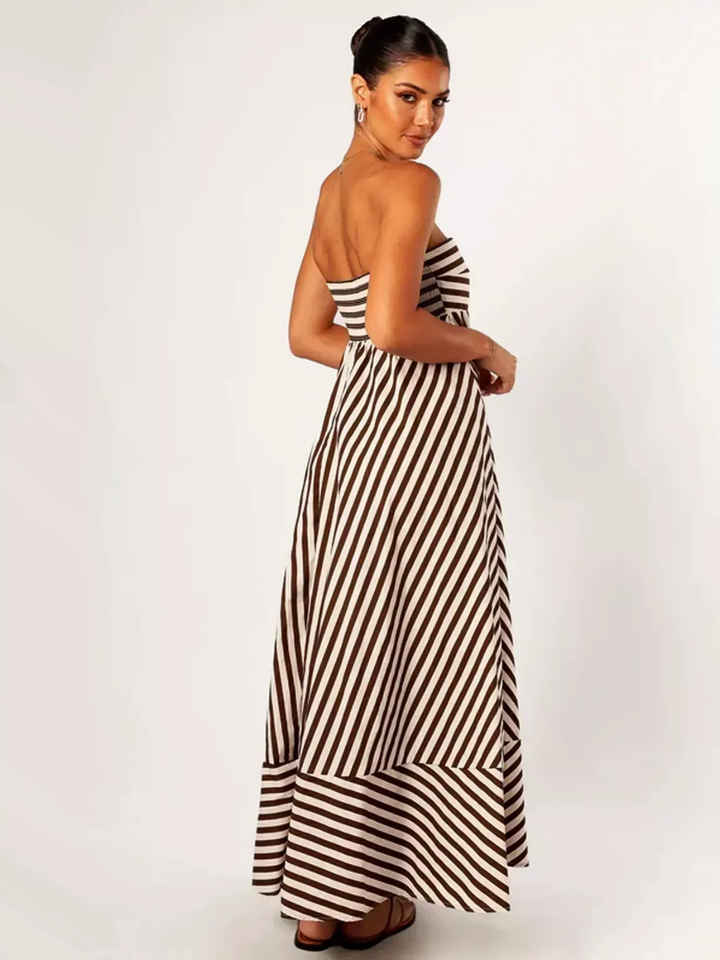 Margaux | Women's Brown Cotton Striped Strapless Full-Skirt Maxi Dress Carol & Margaret Wilmington