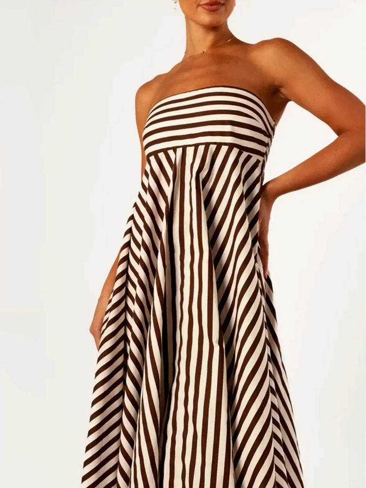 Margaux | Women's Brown Cotton Striped Strapless Full-Skirt Maxi Dress Carol & Margaret Wilmington