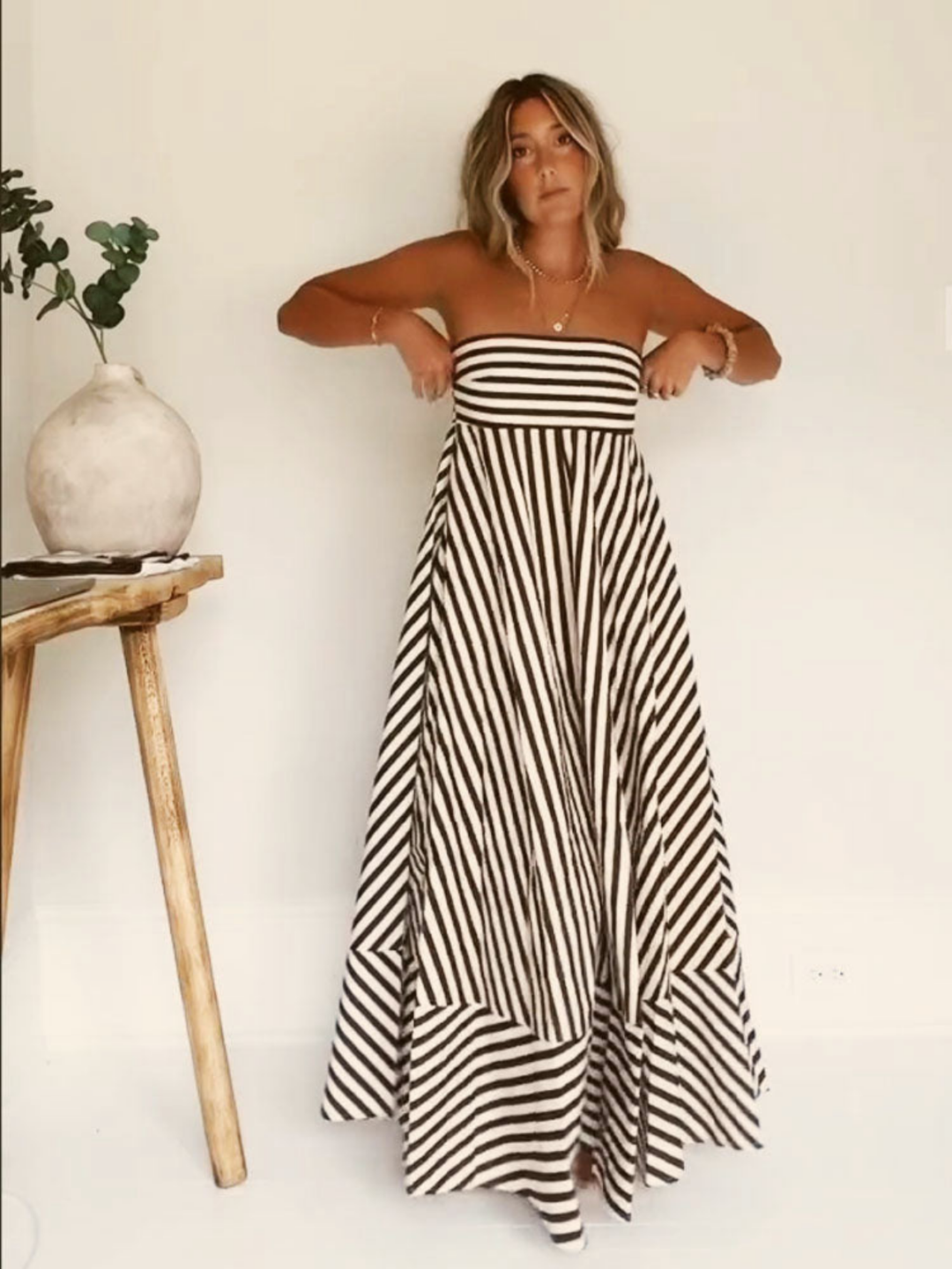 Margaux | Women's Brown Cotton Striped Strapless Full-Skirt Maxi Dress Carol & Margaret Wilmington