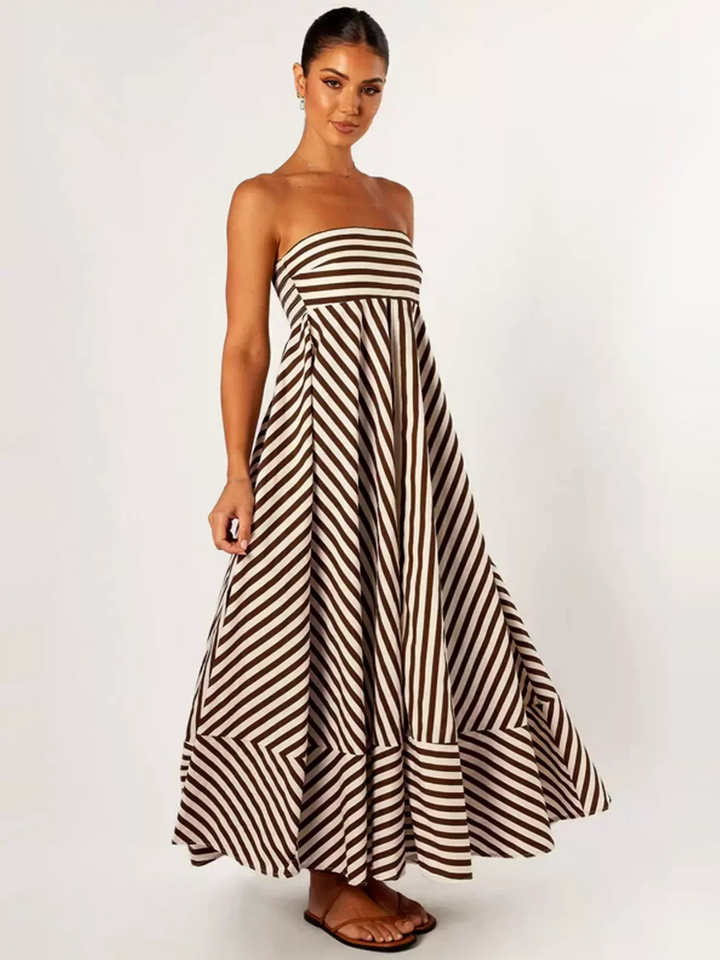 Margaux | Women's Brown Cotton Striped Strapless Full-Skirt Maxi Dress Carol & Margaret Wilmington