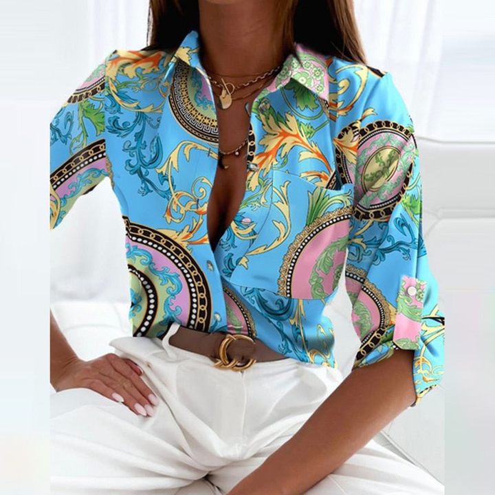Marlowe | Women's Satin Geometric Print Button-Down Blouse Carol & Margaret Wilmington