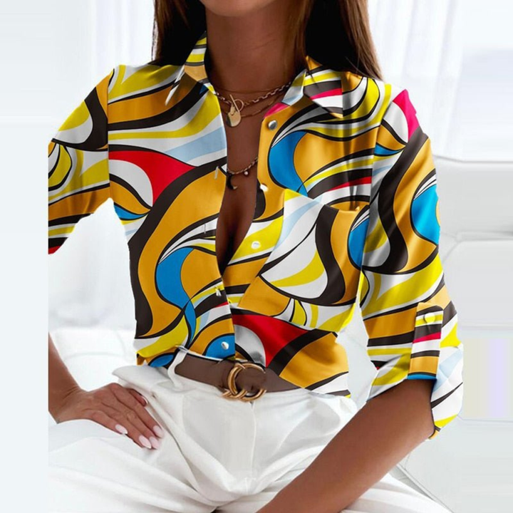 Marlowe | Women's Satin Geometric Print Button-Down Blouse Carol & Margaret Wilmington