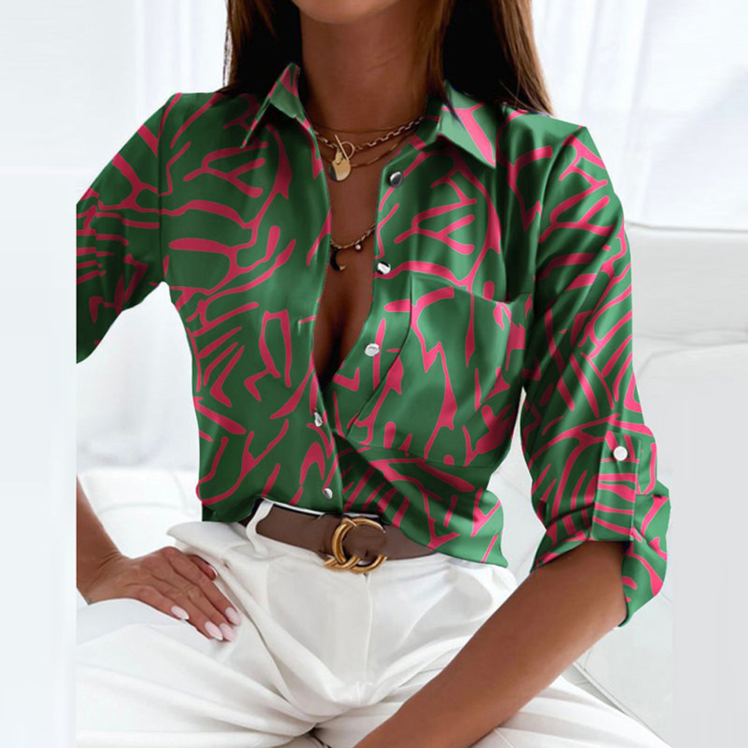 Marlowe | Women's Satin Geometric Print Button-Down Blouse Carol & Margaret Wilmington