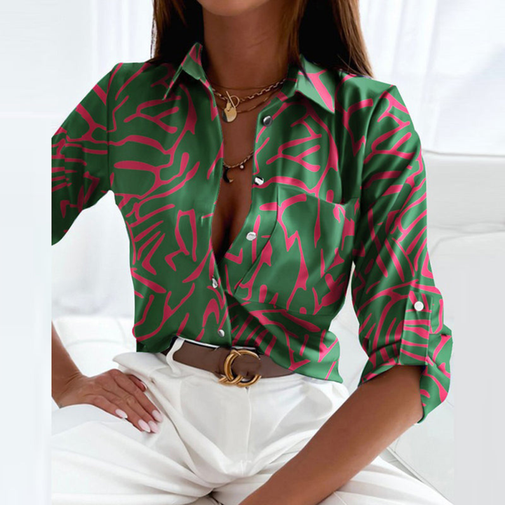 Marlowe | Women's Satin Geometric Print Button-Down Blouse Carol & Margaret Wilmington