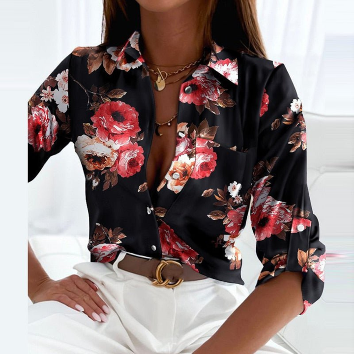 Marlowe | Women's Satin Geometric Print Button-Down Blouse Carol & Margaret Wilmington
