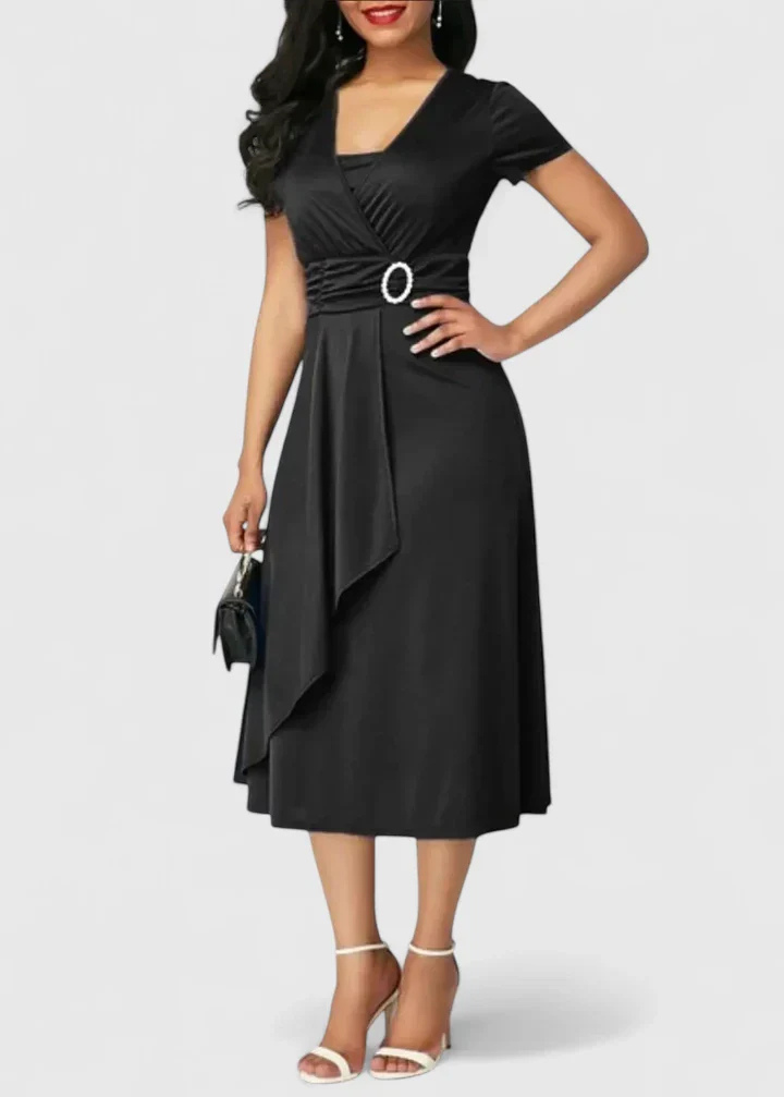 Marlowe | Women's Stretch Ruched Wrap Midi Dress with Rhinestone Buckle Carol & Margaret Wilmington