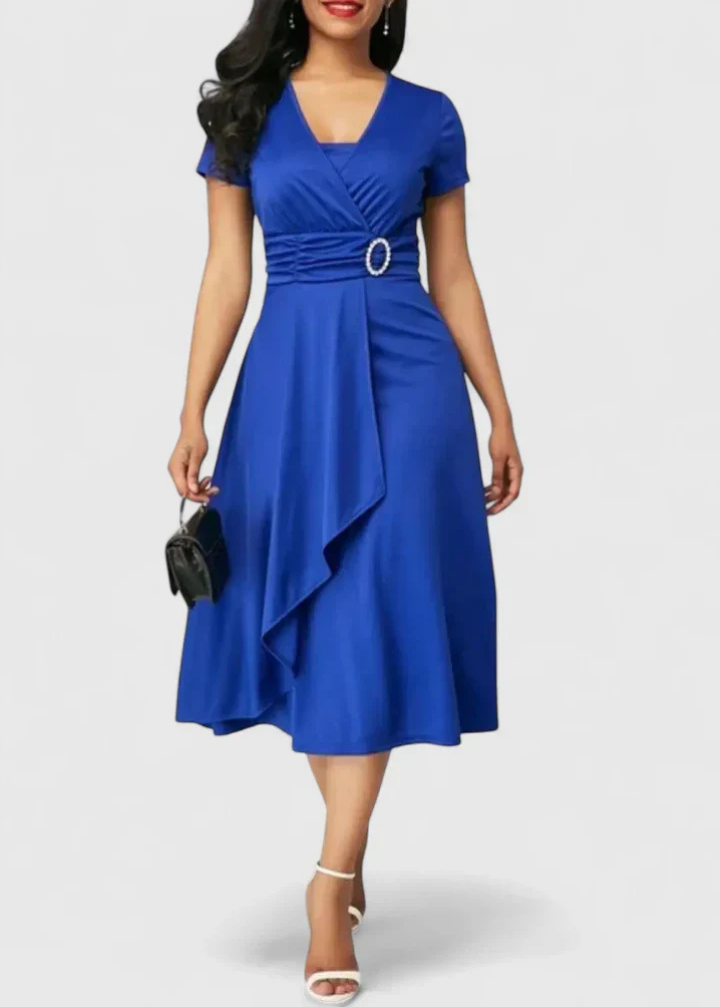 Marlowe | Women's Stretch Ruched Wrap Midi Dress with Rhinestone Buckle Carol & Margaret Wilmington