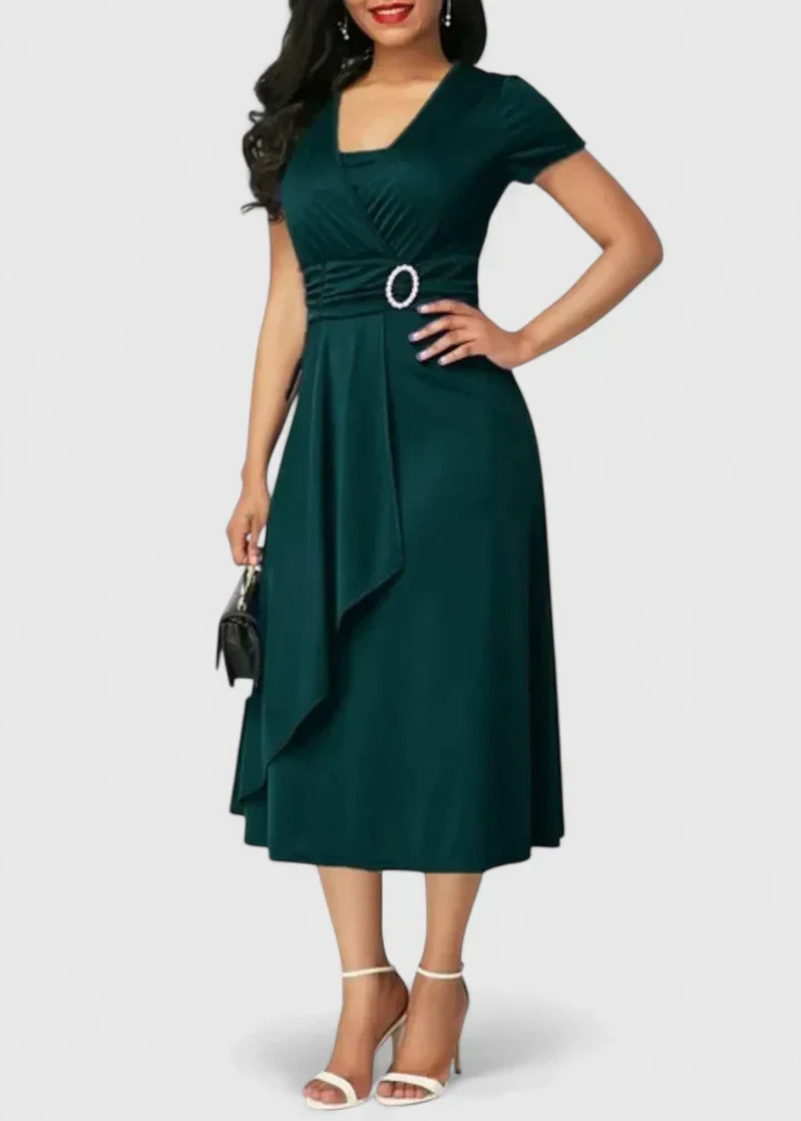 Marlowe | Women's Stretch Ruched Wrap Midi Dress with Rhinestone Buckle Carol & Margaret Wilmington
