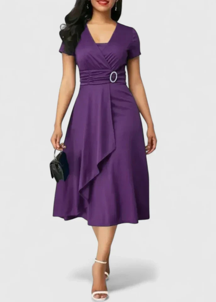 Marlowe | Women's Stretch Ruched Wrap Midi Dress with Rhinestone Buckle Carol & Margaret Wilmington