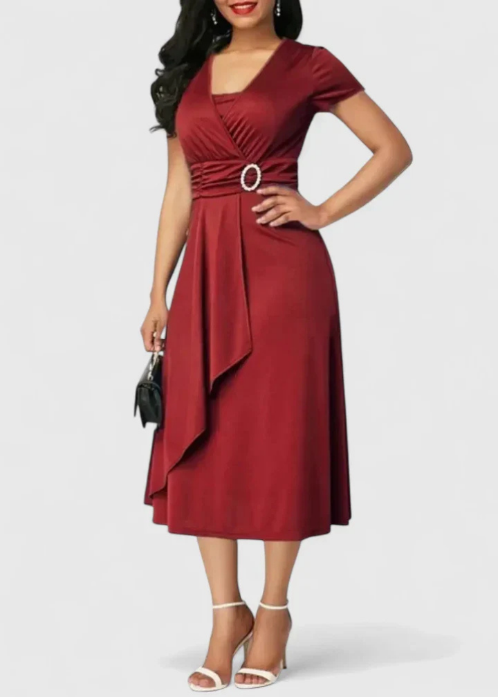 Marlowe | Women's Stretch Ruched Wrap Midi Dress with Rhinestone Buckle Carol & Margaret Wilmington