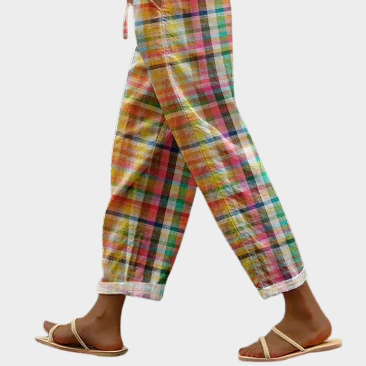 Marnie | Women's Multicolor Linen Plaid Check Drawstring Waist Casual Pants Carol & Margaret Wilmington