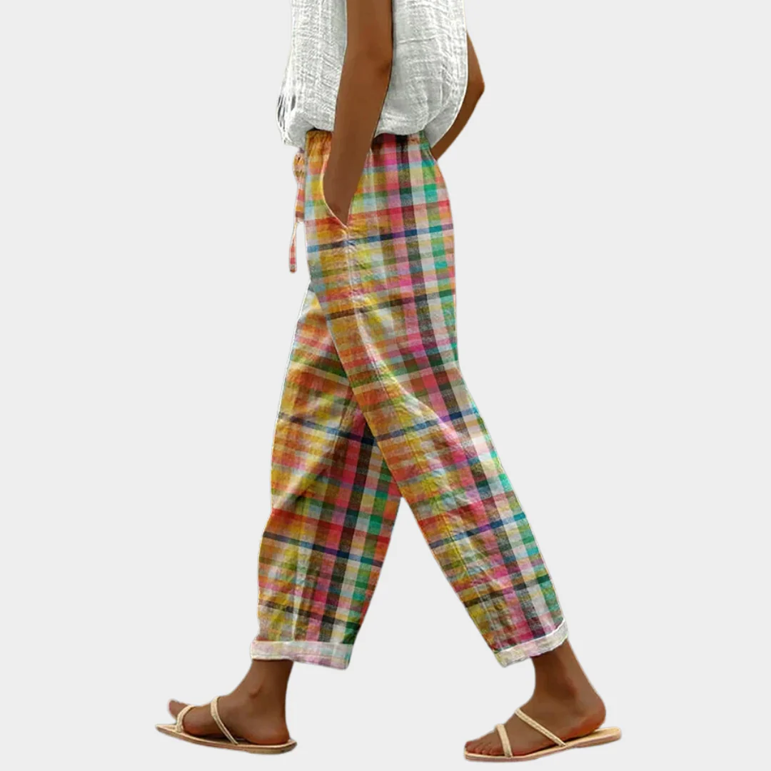 Marnie | Women's Multicolor Linen Plaid Check Drawstring Waist Casual Pants Carol & Margaret Wilmington