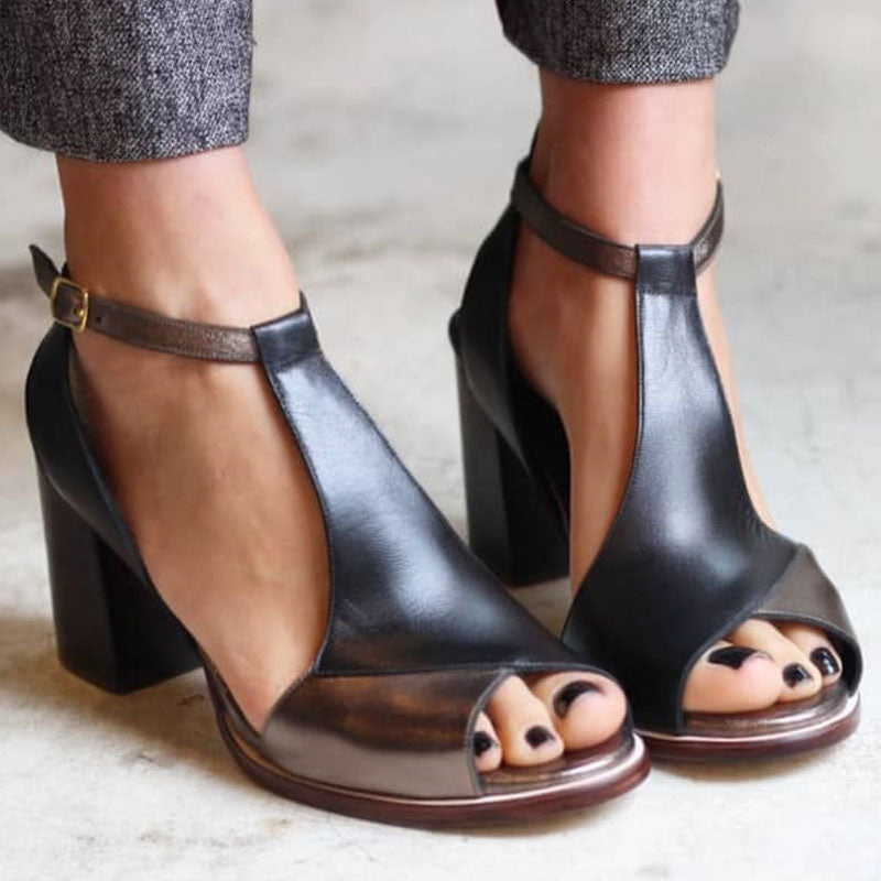 Masey | Women's Black Leather Two-Tone Ankle Strap Block Heel Sandals Carol & Margaret Wilmington